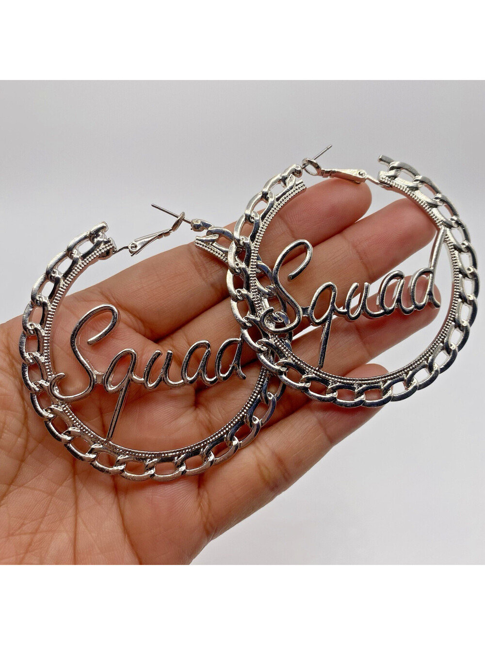 Silver-Tone Metal Squad Cheerleading Team Statement Hoop Earrings Hinged